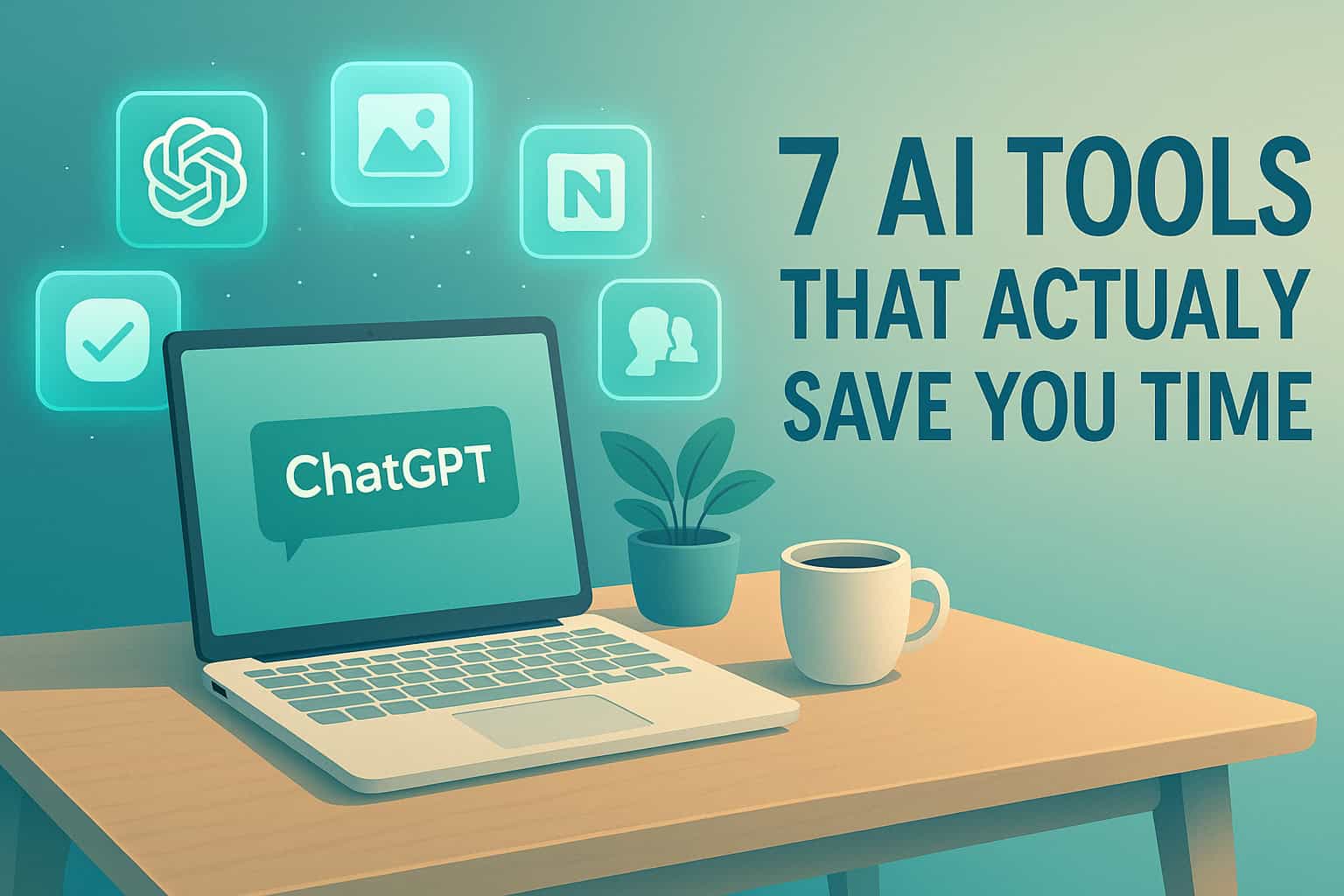Clean workspace with icons of top AI tools glowing softly