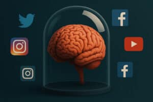 Brain under glass dome surrounded by social media icons
