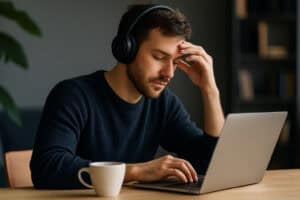 Man with headphones and coffee starting work on laptop