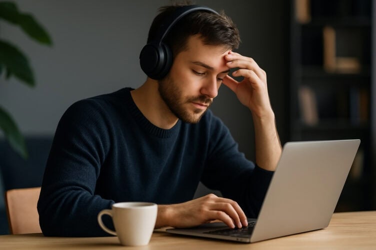 Man with headphones and coffee starting work on laptop
