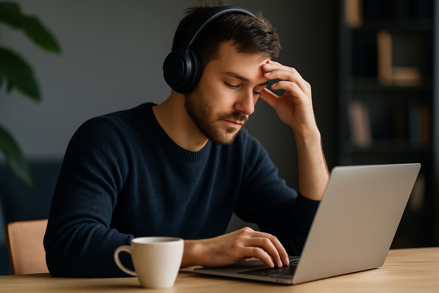 Man with headphones and coffee starting work on laptop
