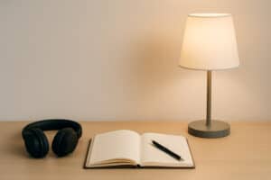 Small focused workspace with lamp and notebook