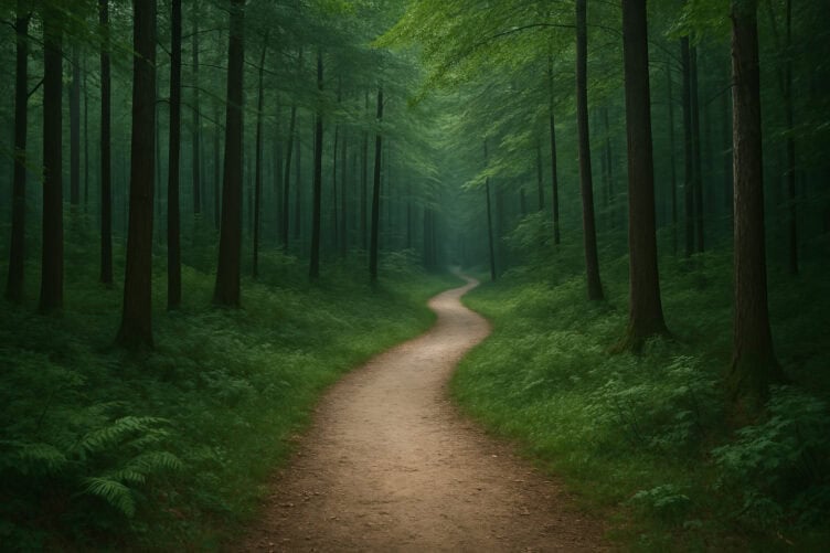 Solitary path through forest