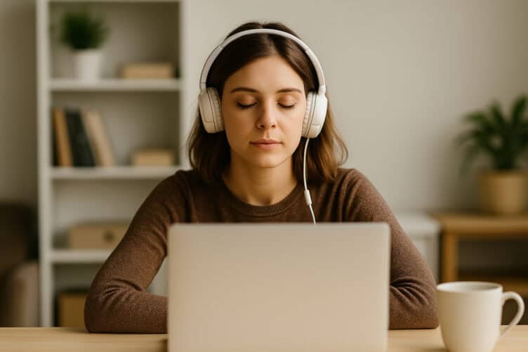 Woman in headphones preparing for deep work