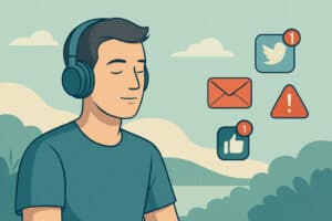 Person with headphones sitting calmly away from notifications