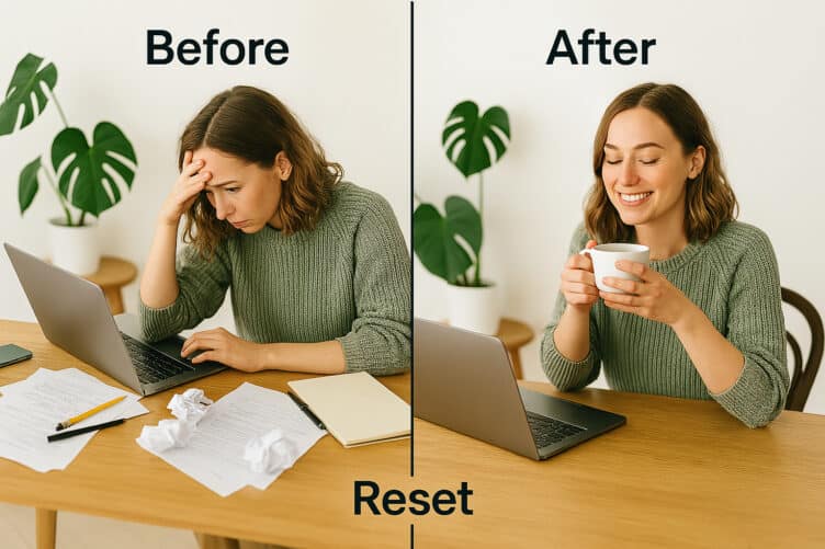 Tidy and cluttered desk setups side by side, with a woman working.