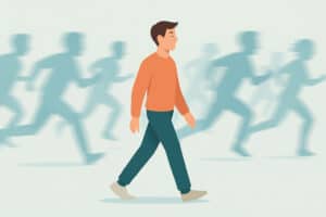 Calm person walking while blurred crowd rushes by