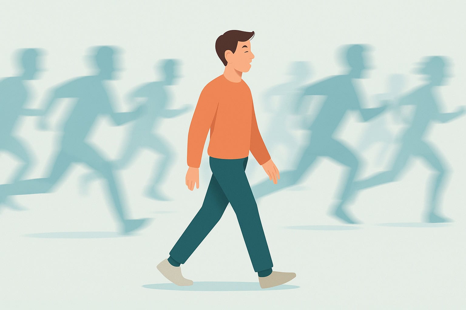 Calm person walking while blurred crowd rushes by