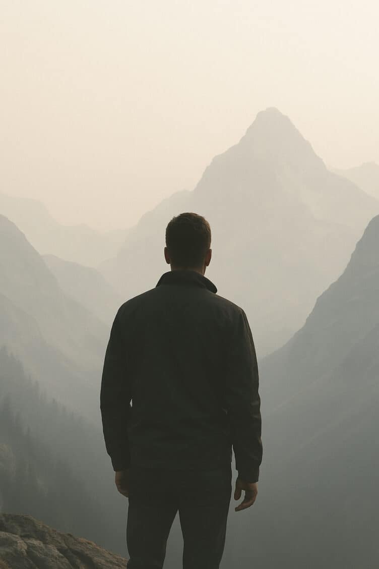 Silhouette of a man standing alone, facing a misty mountain range in soft morning light